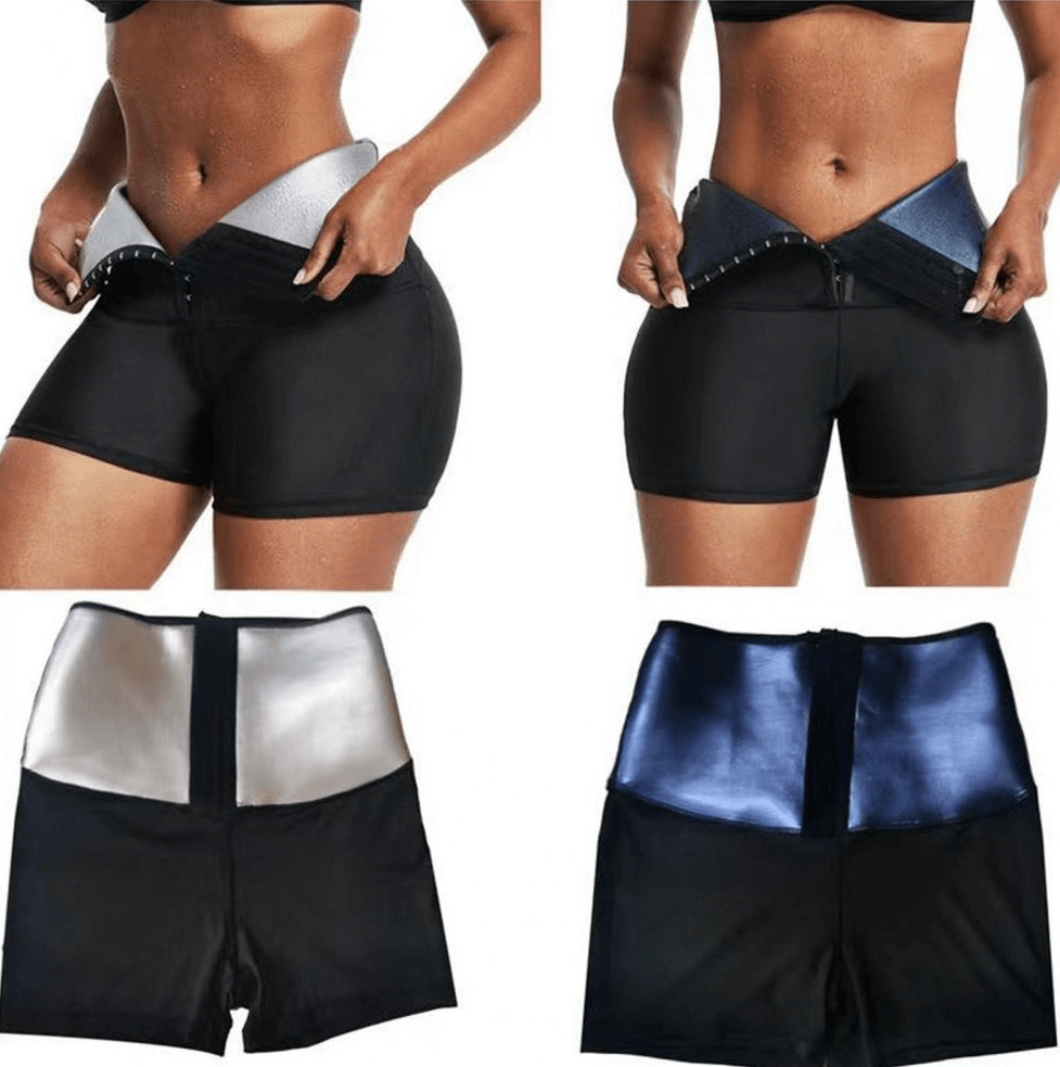 Women's Compression Sports Shorts with Sauna Effect showing high waist style and flexible fit in black, silver, and blue colors.
